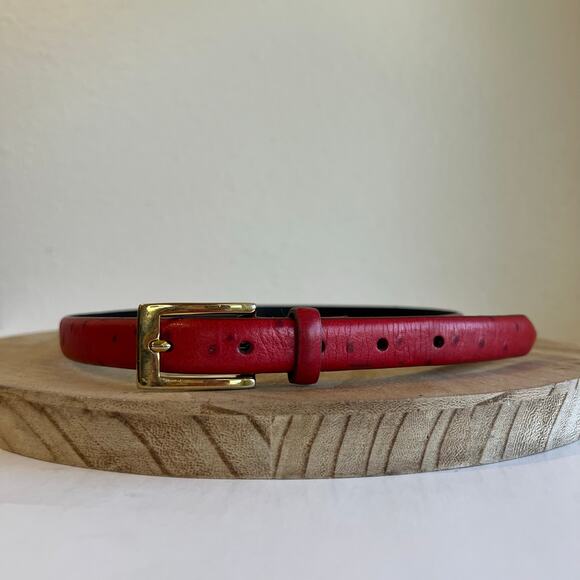 Vintage 90s Red Genuine Italian Leather Thin Skinny Gold Buckle Belt Size Small - Picture 10 of 11